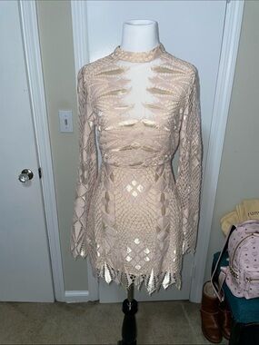 Free People Women's Nude Lace and shimmer Long-Sleeve Mini Dress